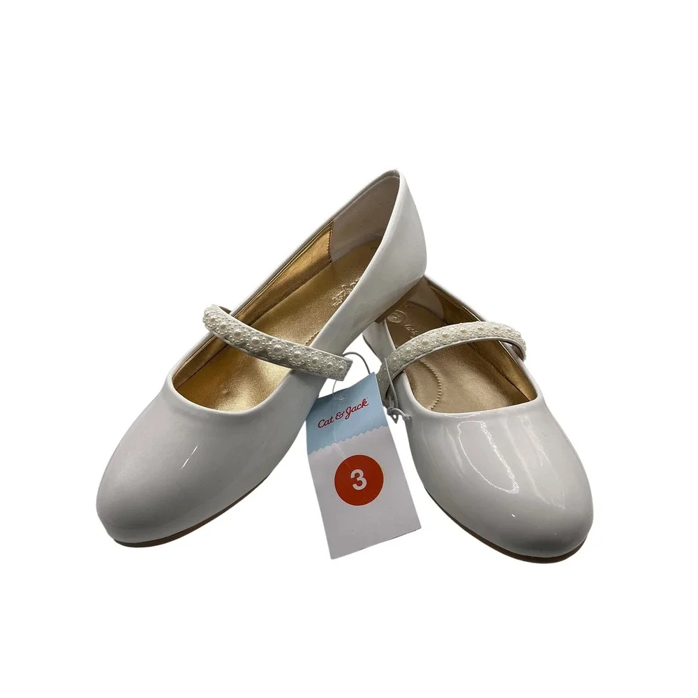 Cat & Jack Girls White Patent Mary Jane Pearl Strap Dress Shoes Size 3 Kids